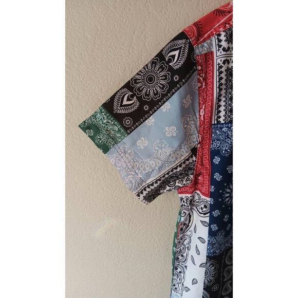 3/10 SURF SOCIETY Swimwear Bandana  Print Shirt M Beachy Artsy Funky Patchwork - Picture 2 of 7